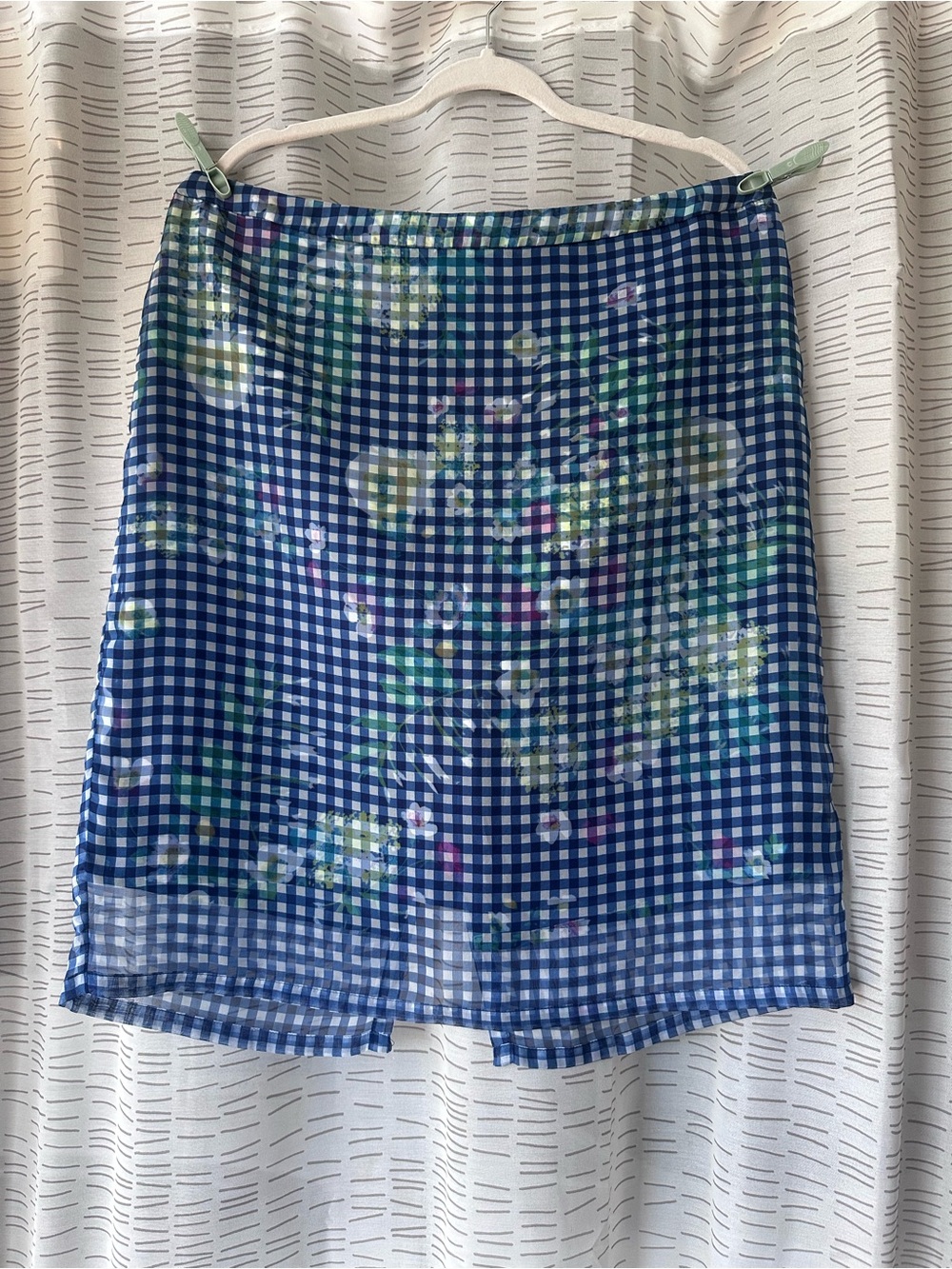 Lord & Taylor Blue and White Gingham Pencil Skirt with Floral Accents